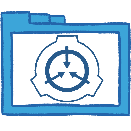 A hollow blue folder with thick lineart, which contains the SCP logo in medium-dark blue. The SCP logo is an outline of a circle with 3 square ridges, which has another circle outline inside it. This one is thicker and has 3 straight arrows overlapping it, which all point inward.